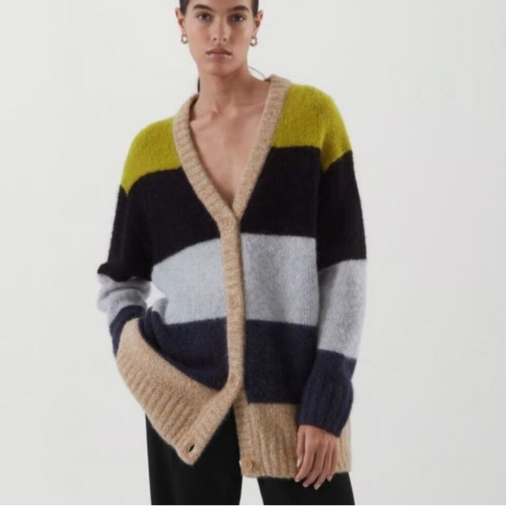 COS Alpaca Wool Blend Stripe Oversized Cardigan Sweater size XS Black Gray